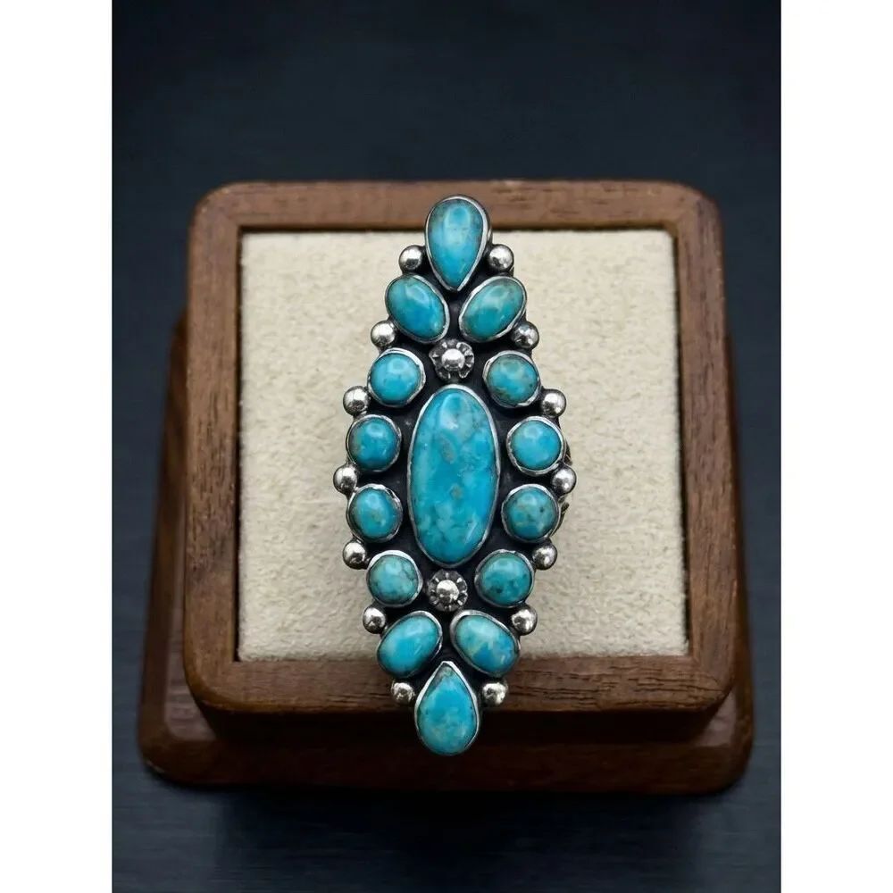 Stunning Southwestern Sterling Silver Turquoise Cluster Ring Statement Piece 7